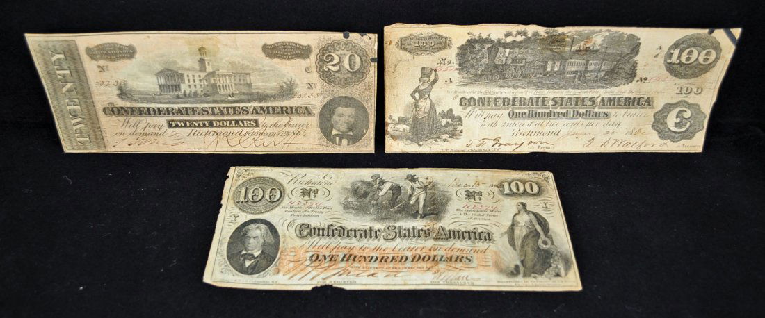 Confederate States of America, $20,& 2-$100 Notes: T-39 Confederate Money $100 Train Note; T-41 Slaves hoeing Cotton 1862 $100 Confederate CSA Currency; T-67 Confederate Money Twenty Dollars Tennessee Capitol .