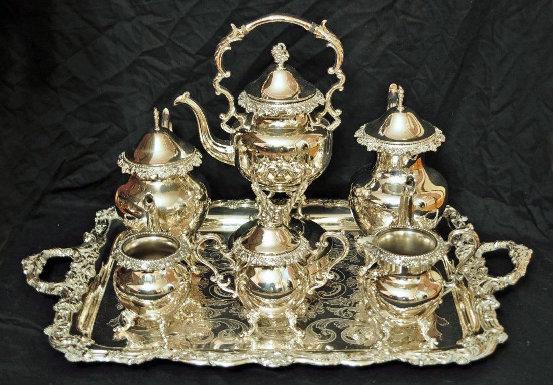 Victorian 7 Pc. Silver Plate Tea & Coffee Service: Victorian 7 piece silver plate tea & Coffee Service Crown BS (Birmingham Silver Co.). Floral decorated tray, goes with set well but does not match, 18.5" X 24.5"; kettle on a stand, 15.5" tall; a coff