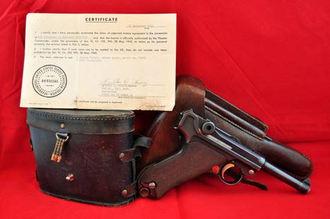 WWII German Lugar Pistol & Binoculars: United States European Theater Official certificate dated 21 September, 1945 giving Alexander C. McGinnis permission to ship the gun and binoculars to the U.S. . Serial number on the gun and certifica