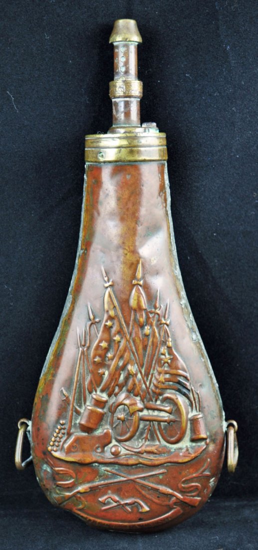 Scare Colt Dragoon Powder Flask: Scare Colt Dragoon Powder Flask. Fine early double sided powder flask abut 9 1/4 in. overall. Flask is marked on a ribbon "COLTS PATENT" below a trophy of flags & arms with crossed Paterson rifles & P