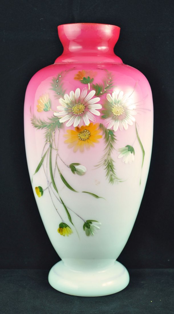 Signed Thomas Webb Peach Blow Vase: Signed Thomas Webb peach blow vase, 11.5" tall rich pink cased glass fading to white at the base with finely executed enameled designs of flowers.