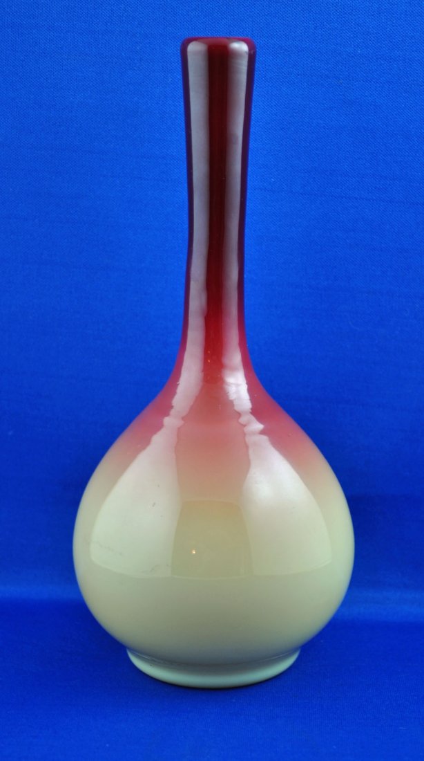 Wheeling Peach blow, Stick Vase.: Wheeling Peach blow, sometimes called Coral. A two layered cased glass. stick vase very similar to example shown on page 126 American Art Glass by John A. Shuman. Yellow to deep red, cased with white 