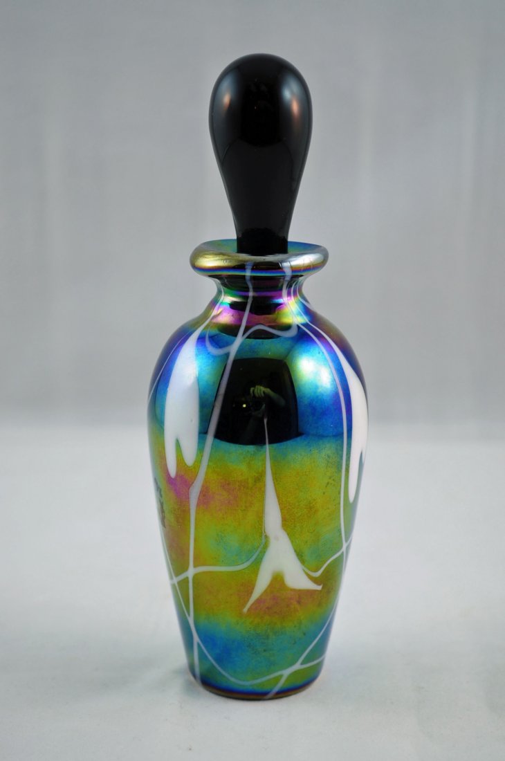 Durand Perfume Bottle: Iridescent cobalt blue perfume bottle with white drizzle and heart decoration, 5.95" tall.