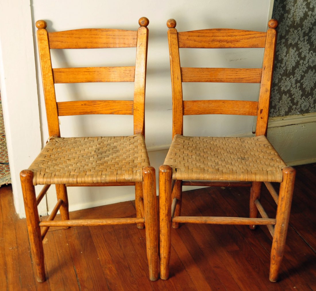 Pr. Guy Bump, Pleasant Plains, Ark, Chairs: Pair of Guy C. Bump, Pleasant Plains, Ark, Oak Ladder Back Chairs
