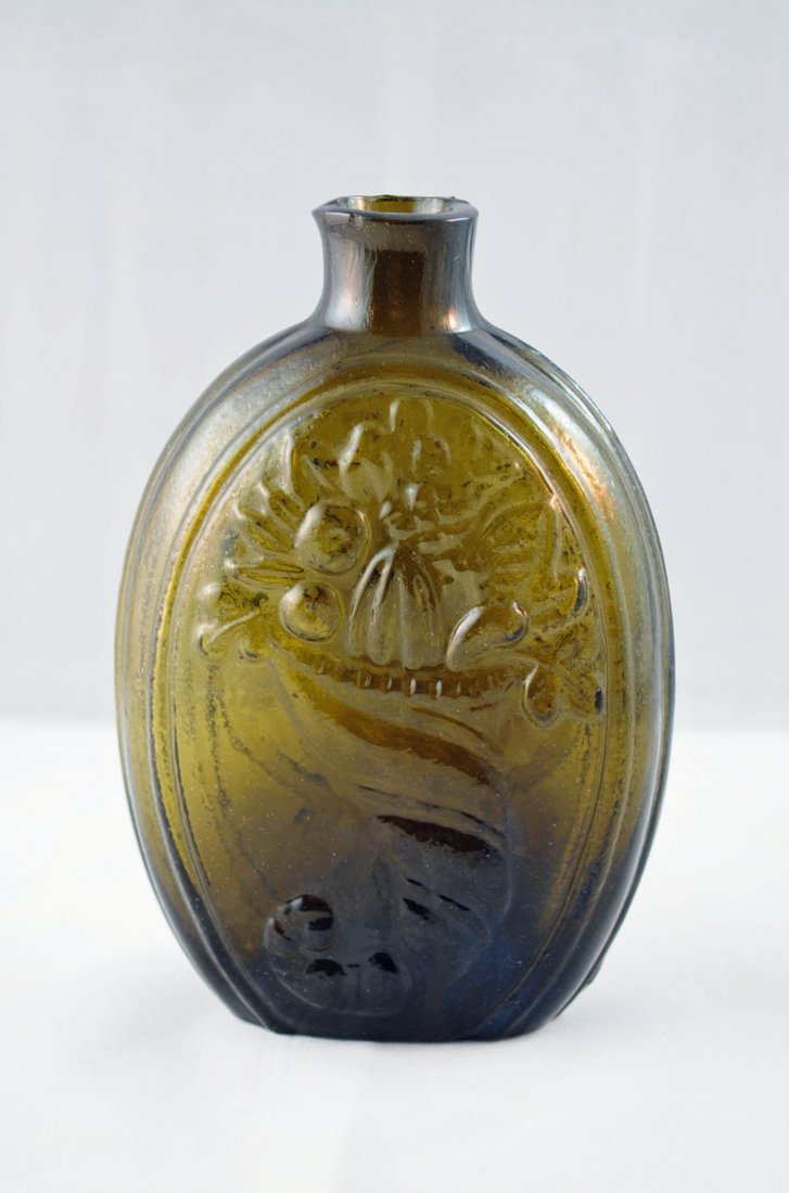 Early Horn of Plenty Olive Green Whiskey Flask: Early Horn of Plenty Olive Green Whiskey Flask, half pint.