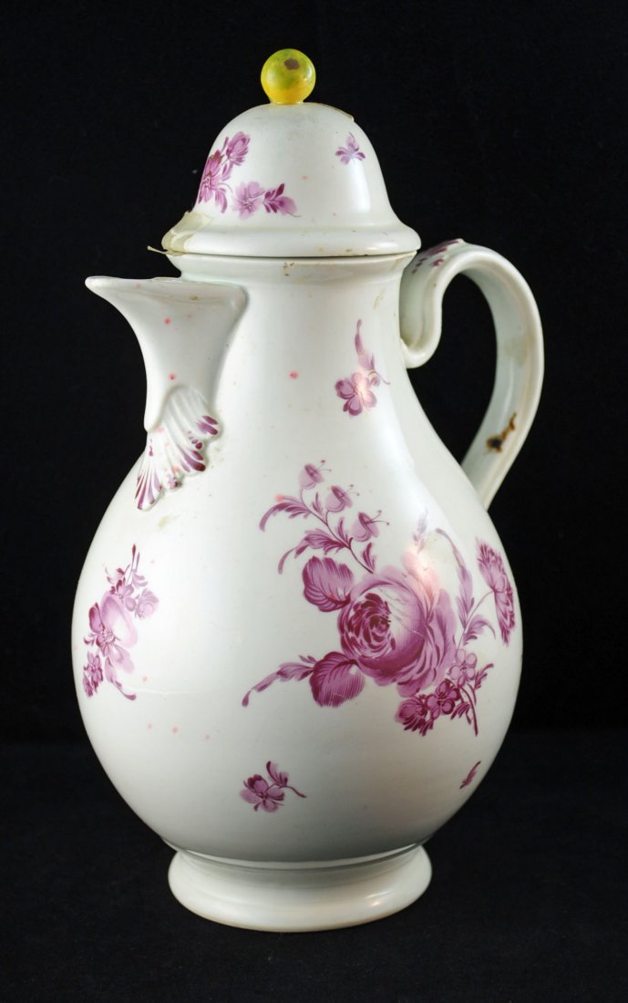 Royal Vienna Chocolate Pot: Royal Vienna Chocolate Pot with mulberry floral decoration and applied fruit finial.