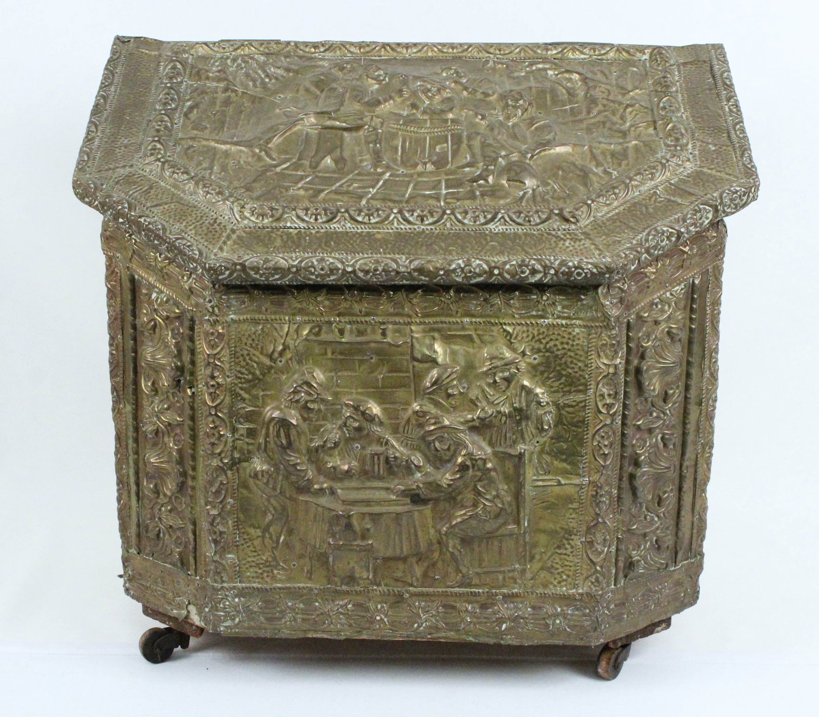 English Kindling Box w/ Brass Tavern Scenes (1 of 4)