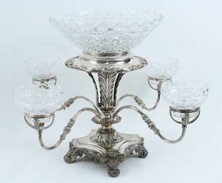 Large Victorian Silverplate & Crystal Epergne