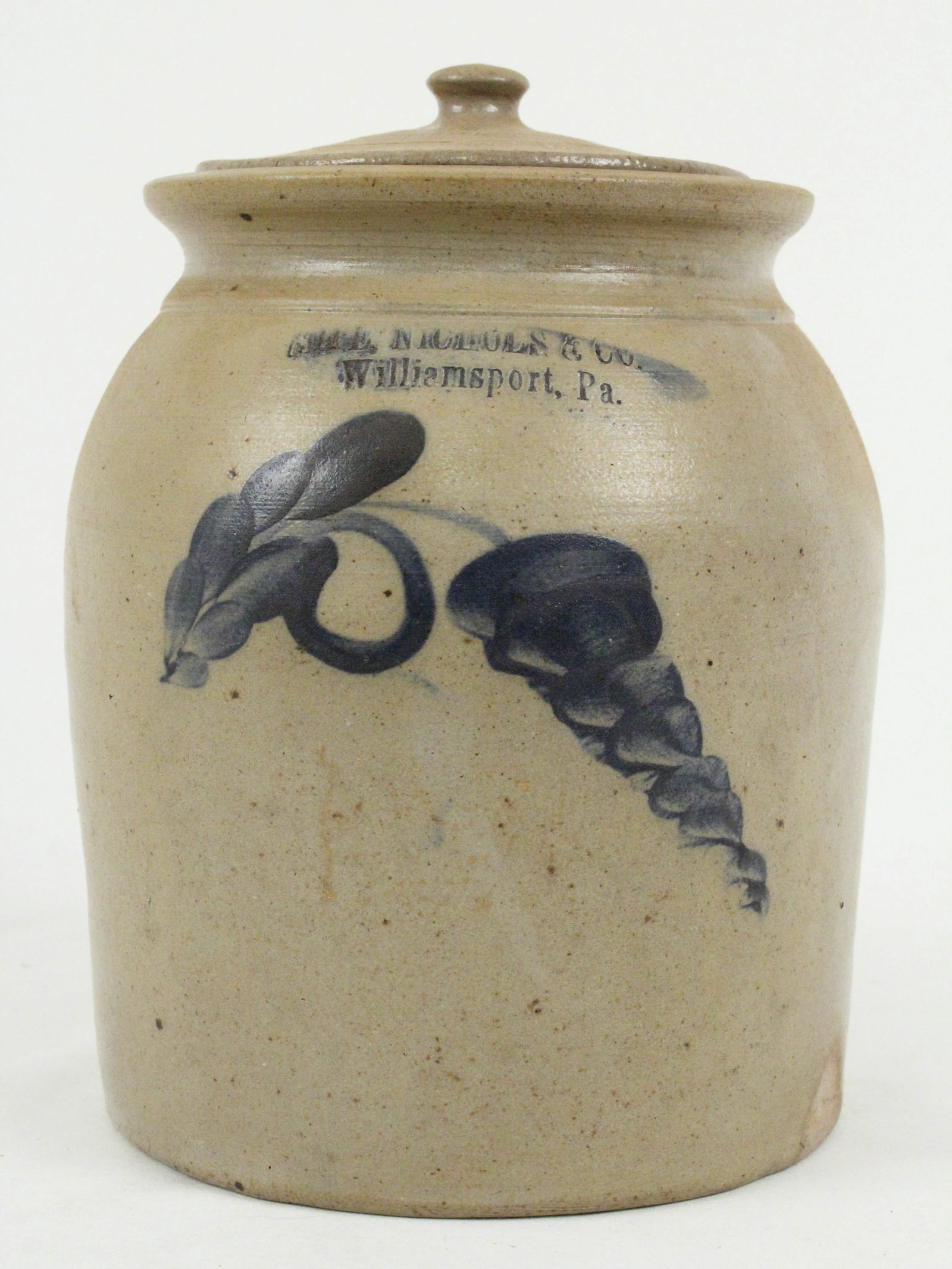 Sipe, Nichols & Co., Williamsport, PA. Jar: Sipe, Nichols & Co., Williamsport, PA. Stoneware Jar with Lid. This jar has a cobalt floral decoration and is stamped, "Sipe, Nichols & Co., Williamsport, PA." The jar was probably manufactured in the
