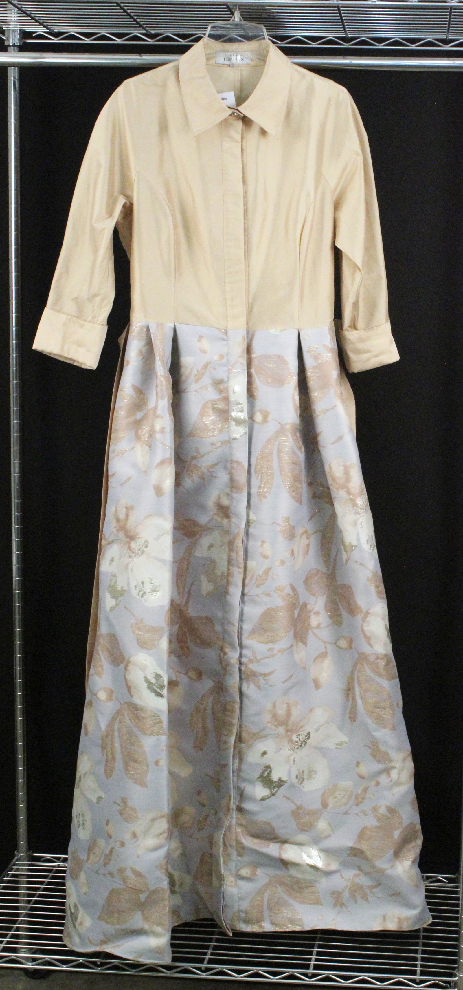 Freeman's Teri Jon Belted Taffeta & Shirt Gown: Rickie Freeman's Teri Jon Belted Taffeta Bodice and Floral Jacquard Shirt Gown. Features a removable sash belt. Bodice: 100% Polyester. Skirt: 91% Polyester, 9% Metallic Fiber. Size: US 8. Condition- 