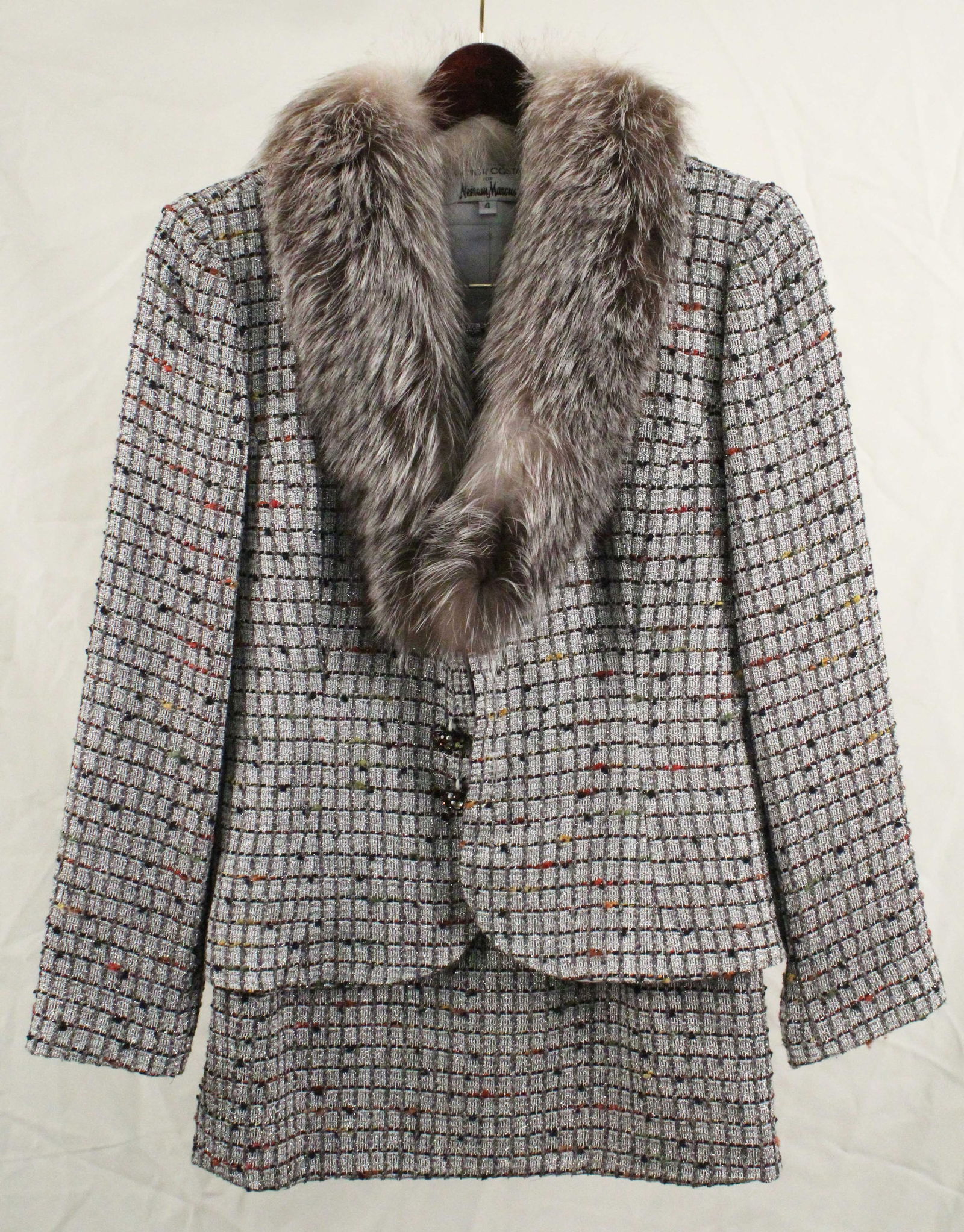 Victor Costa Silver Lurex Skirt Suit w/ Fur Collar (1 of 7)