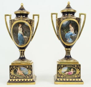 Pair Royal Vienna Style Porcelain Urns