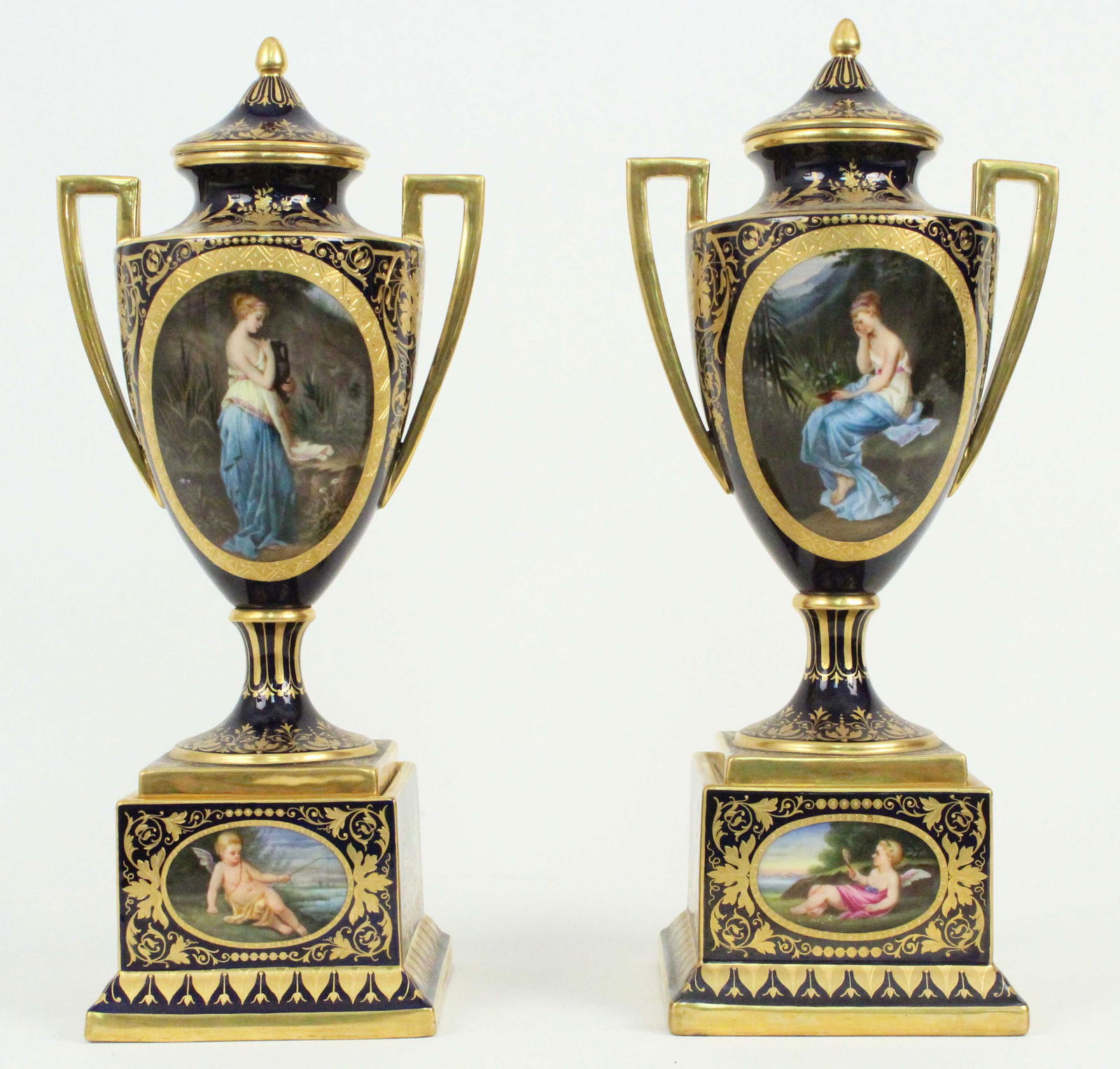 Pair Royal Vienna Style Porcelain Urns