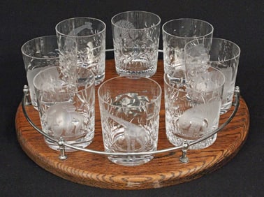 Oak Tray w/ (8) AJKA Safari Lowball Glasses