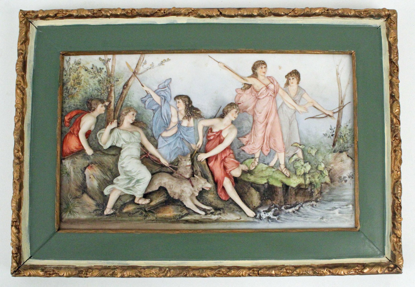 Antique Bas Relief Bisque Plaque Diana's Hunt: Antique Bas Relief Bisque Plaque Diana's Hunt. Wedding gift to a couple in Natchez, Mississippi 1914. The invitation is attached to the back. The plaque visible image measures 7" X 12", frame measures