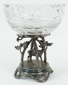 Cut Glass Bowl with Indian Chief & Stand w/ Deer