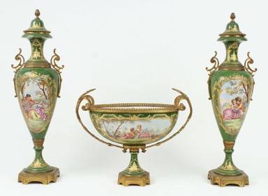 (3) Pcs. Sevres Style Hand Painted Compote & Urns