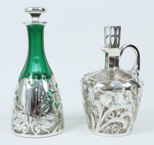 Two Sterling Silver Overlay Brandy Decanters