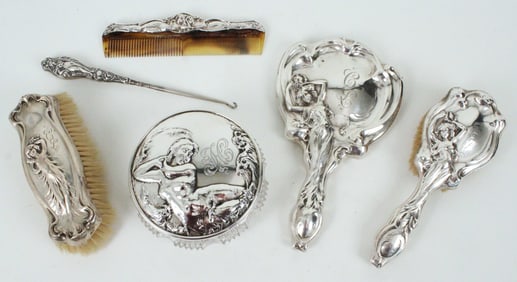 Assembled Art Nouveau Sterling Dresser Set