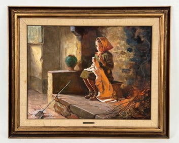 Ezio Marzi (1875-1955) Girl Knitting O/C
