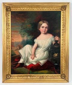 "Girl w/ Birdcage" Circa 1835 O/C Painting