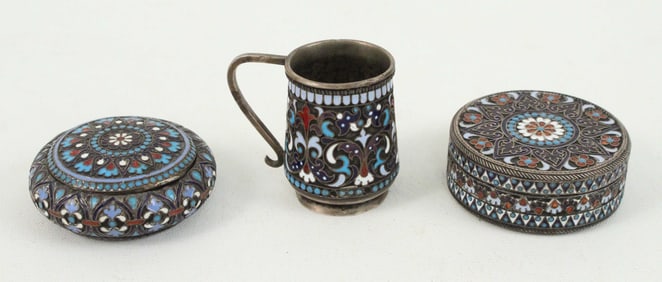 Russian Silver Enameled Pill Box, Cup, & Box 1890