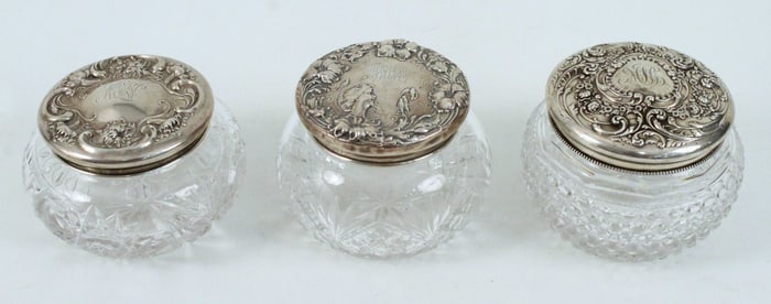 (3) Cut Glass Powder Dishes w/ Sterling Lids