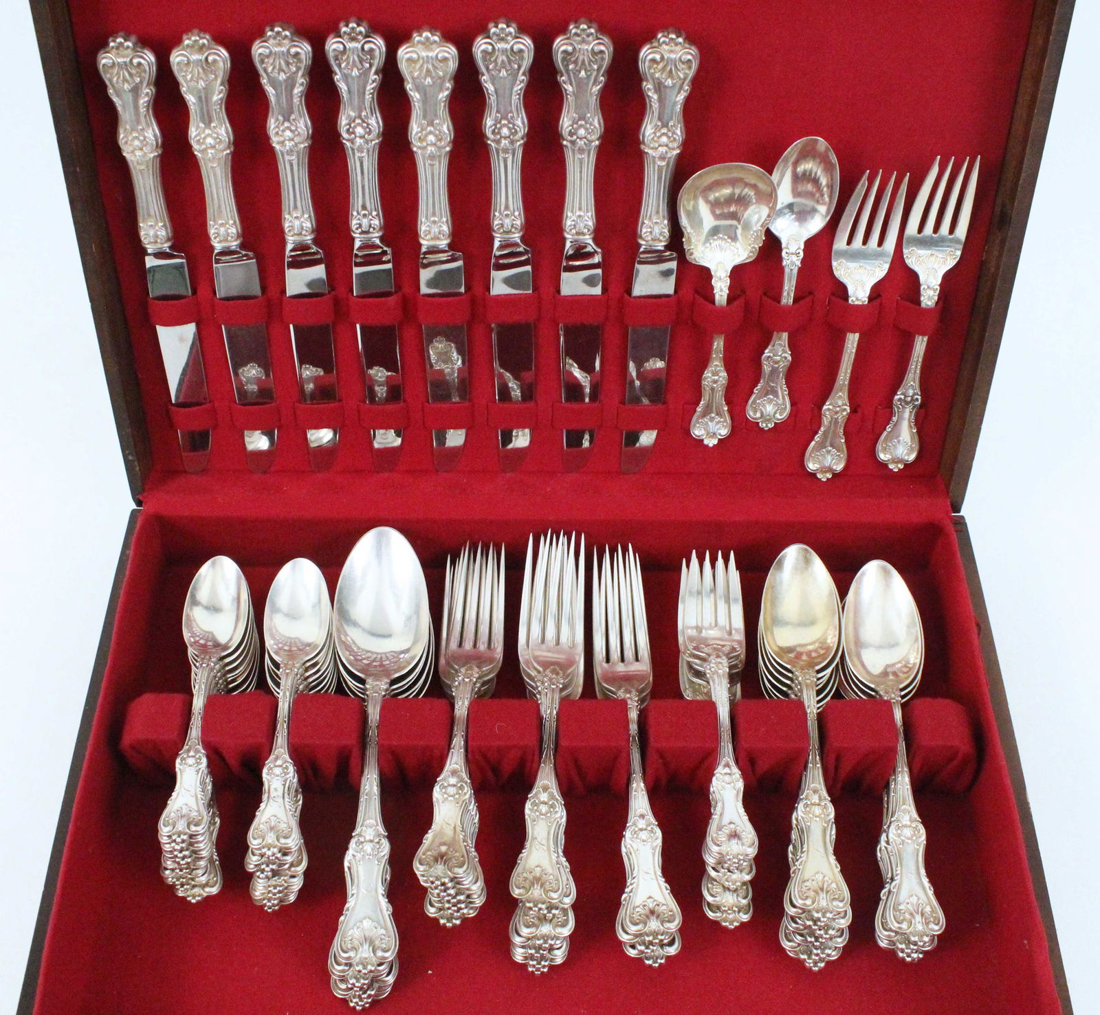Smith Federal Cotillion Sterling 71 Pcs. Set: Frank Smith Federal Cotillion Pattern Sterling Silver 71 Piece Set. (9) Individual salad forks, 6 1/8" long. (9) Forks, 7 1/4" long. Monogrammed. (7) Forks, 7 5/8" long. Monogrammed. (1) Sugar shell,