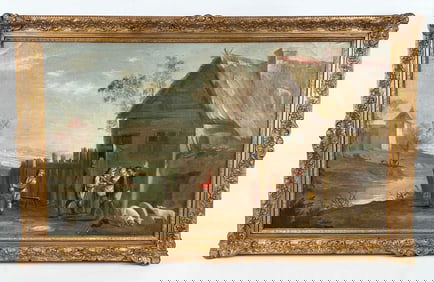 18th C. English Village Scene O/C Painting