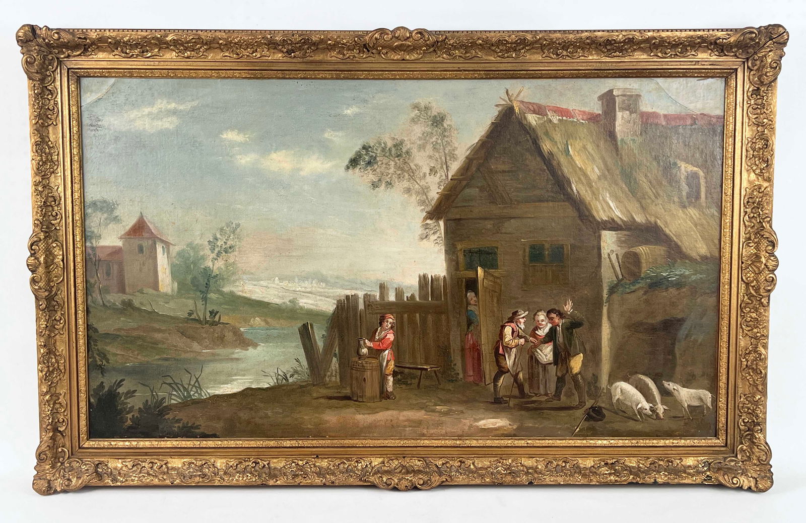 18th C. English Village Scene O/C Painting (1 of 6)
