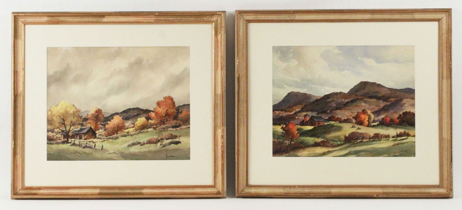 (2) John Cuthbert Hare (1908-1978) Landscapes W/C: (2) John Cuthbert Hare (American, 1908-1978) Landscape Water Color Paintings. (1) Autumn village landscape. Signed lower right, "John Hare." Visible images: 14" X 17". Frame: 22 1/2" X 26". (1) Autumn