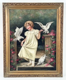 Arno V Riesen (1865-1929) Girl w/ Birds O/C, 1910
