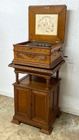 Criterion Oak Music Box w/ Matching Stand C. 1900