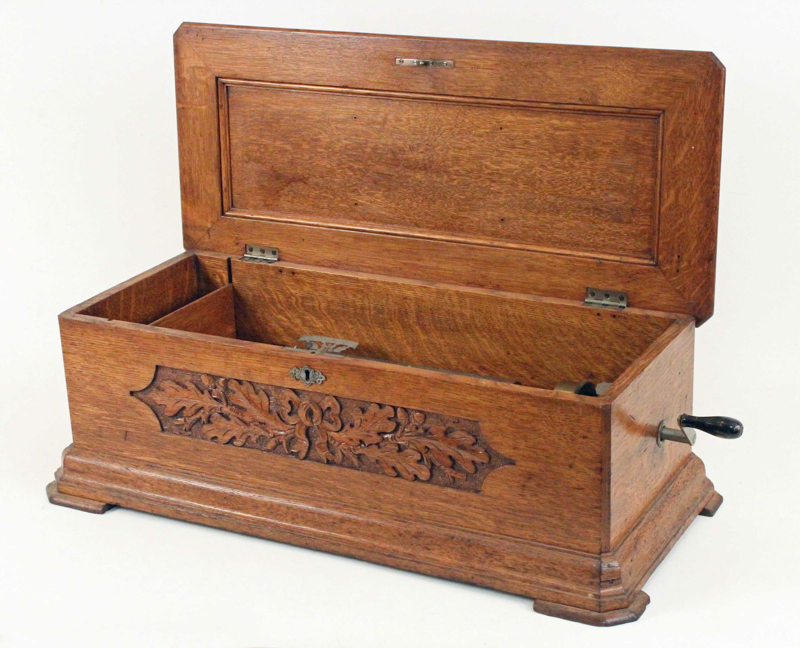 Mermod Freres Swiss 10 Tune Cylinder Music Box: Mermod Freres Swiss 10 Tune Cylinder Music Box with Carved Oak Case, Late 19th Century. Made by Mermod Freres and retailed by Jacot & Sons, New York. Marked with Mermod Freres hallmark and, "Jacot's P