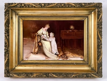 Hand Painted Porcelain Plaque Lady & Child