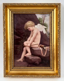 Hand Painted Porcelain Plaque of Cupid, 19th C.