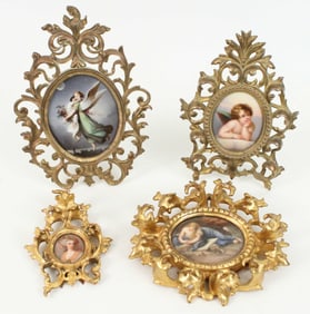 (4) Hand Painted Porcelain Plaques In Rocco Frames