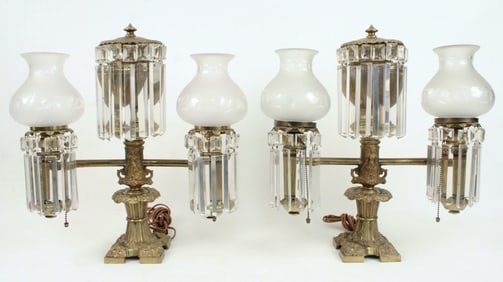 Pair Aragon Lamps w/ Cut Satin Shades Mid 19th C