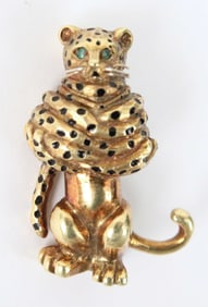 18K Yellow Gold Leopard Pendant w/ Emerald Eyes