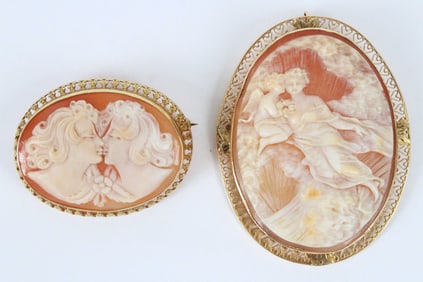 (2) 14K Yellow Gold Filigree Cameo Brooches