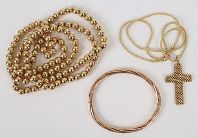 14K Bracelet, 31" Beaded Necklace & Chain w/ Cross