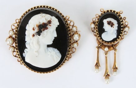 Two Natural Pearl & Carved Onyx 18K Cameos