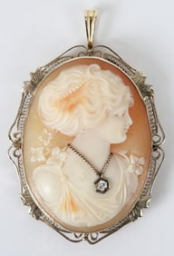 14K Gold Filigree Cameo w/ Diamond Necklace