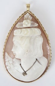 14K Gold Carved Shell Cameo w/ Diamond Necklace