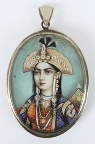 Mumtaz Mahal HP Miniature 14K Brooch, 19th C