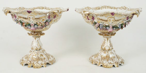 Two Meissen Compotes w/ Flowers and Gilt