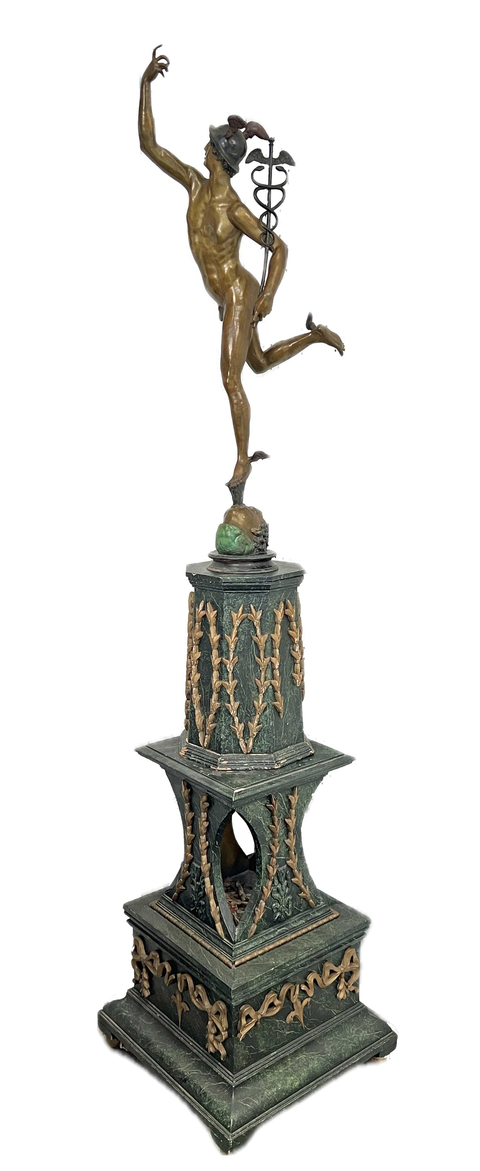 Bronze Mercury Sculpture After Boschetti: Bronze Mercury Sculpture After Benedetto Boschetti (Italian, 1820-1879), Last Half 20th Century. The base is a two-piece faux green marble base with applied decoration of scrolling bows and bellflower