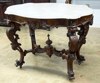 Heavily Carved Victorian Mahogany Marble Top Table