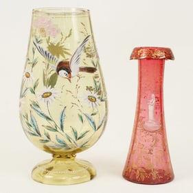 Enameled Decorated Vases, Bohemian & Moser Style