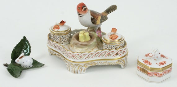 (3) Pieces of Herend Porcelain, Ink Well, Etc.
